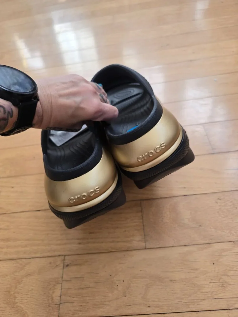 Crocs | Mega Crush Triple Strap Black Gold Platform Sandals | WMS 10